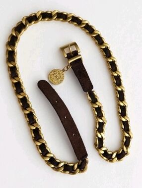 Vintage 90s Express Chain Skinny Belt Brown Woven Leather Gold Tone Coin Charm